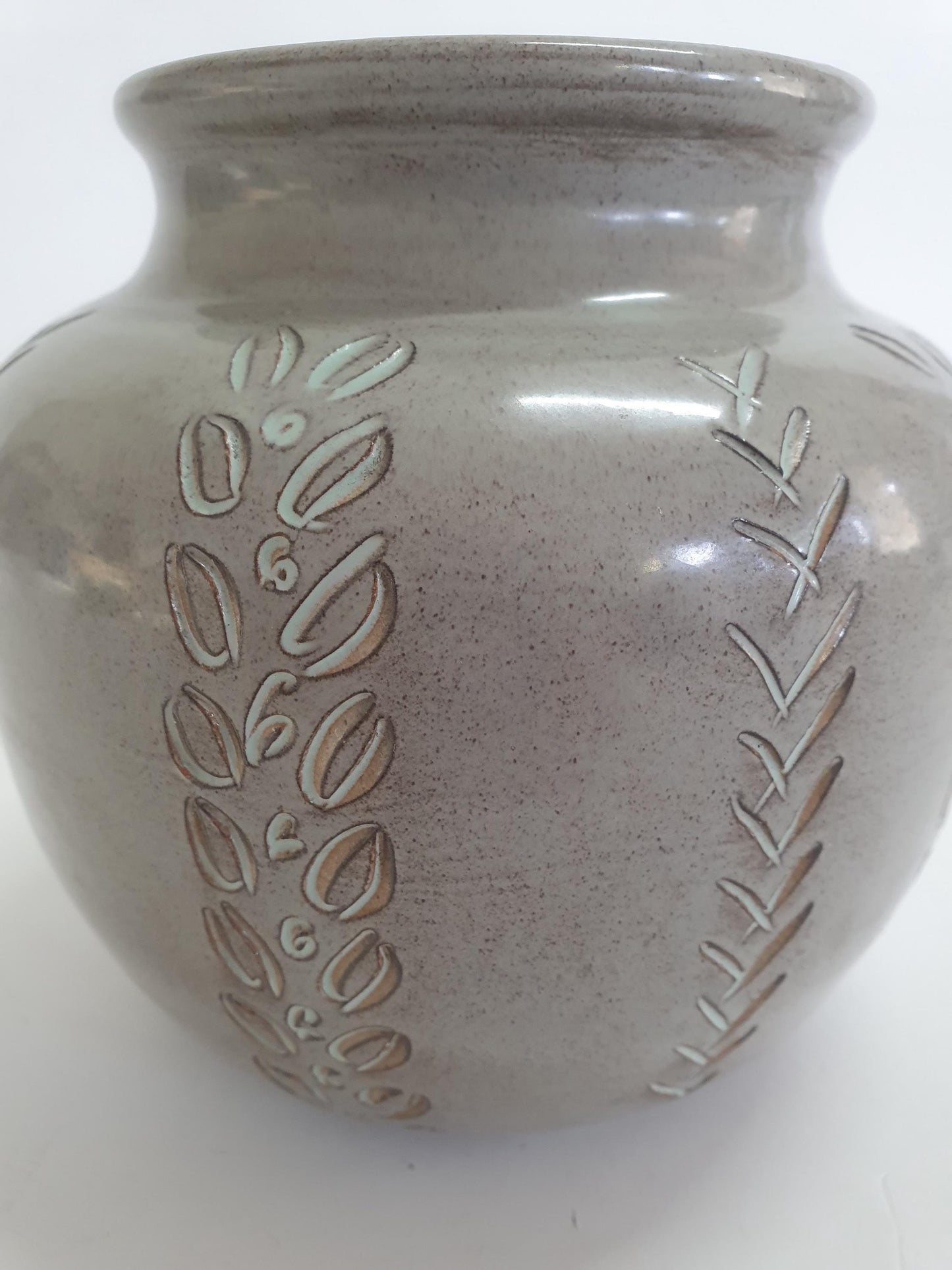Vintage Round Vase with Leaves and Criss-cross Cut-outs, speckled beige glaze. c1970s