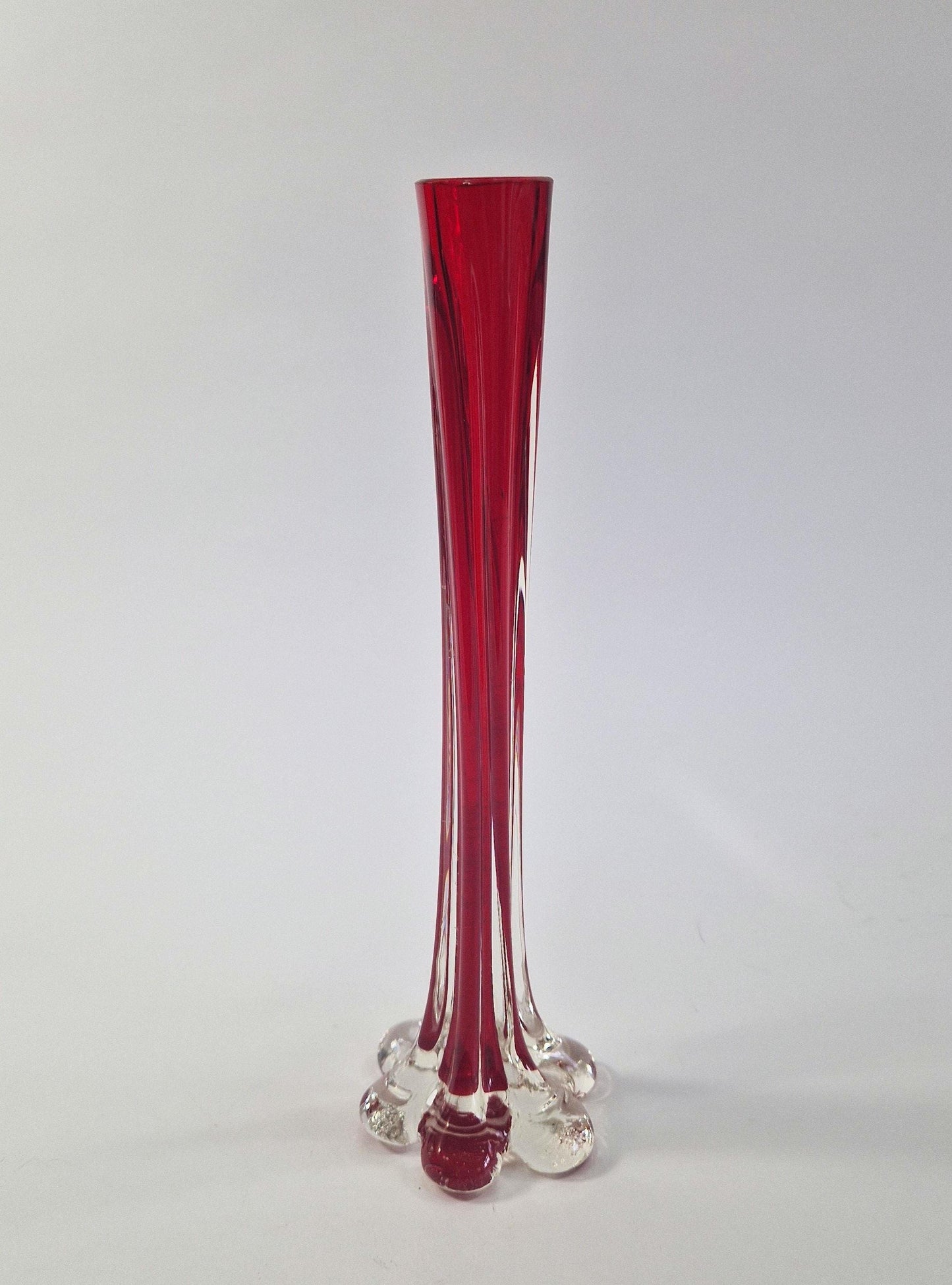 Vintage Solifleur Glass Vase. Straight Ribbed Glass with Elephant Foot. Mid Century Modern.