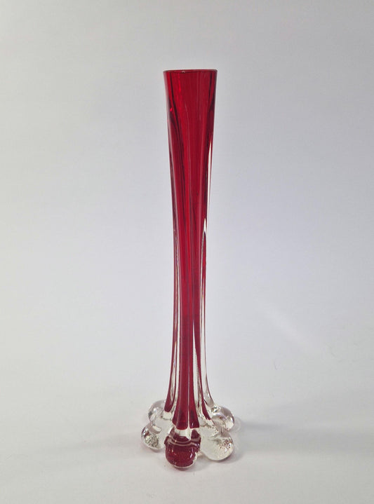 Vintage Solifleur Glass Vase. Straight Ribbed Glass with Elephant Foot. Mid Century Modern.