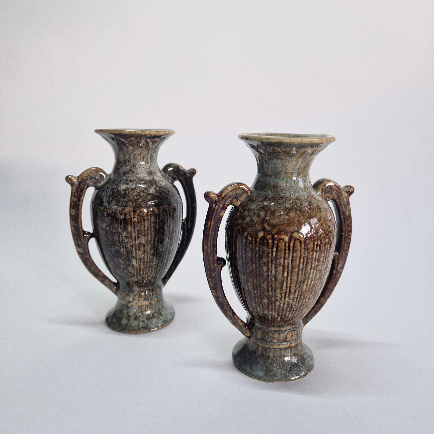 Vintage Grecian Urns: Brown & Grey Mottled Dripware Glaze, Mid Century Pair