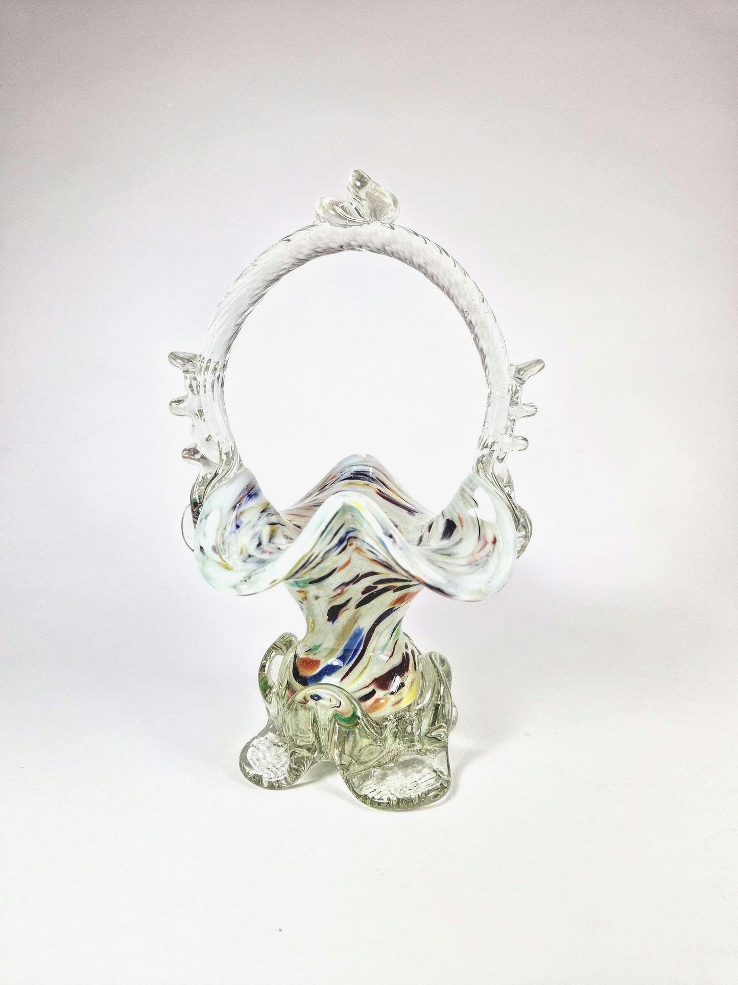 Vintage Victorian Style Romanian Glass Basket with Handle. Spattered Design , Posy Vase. c1960s