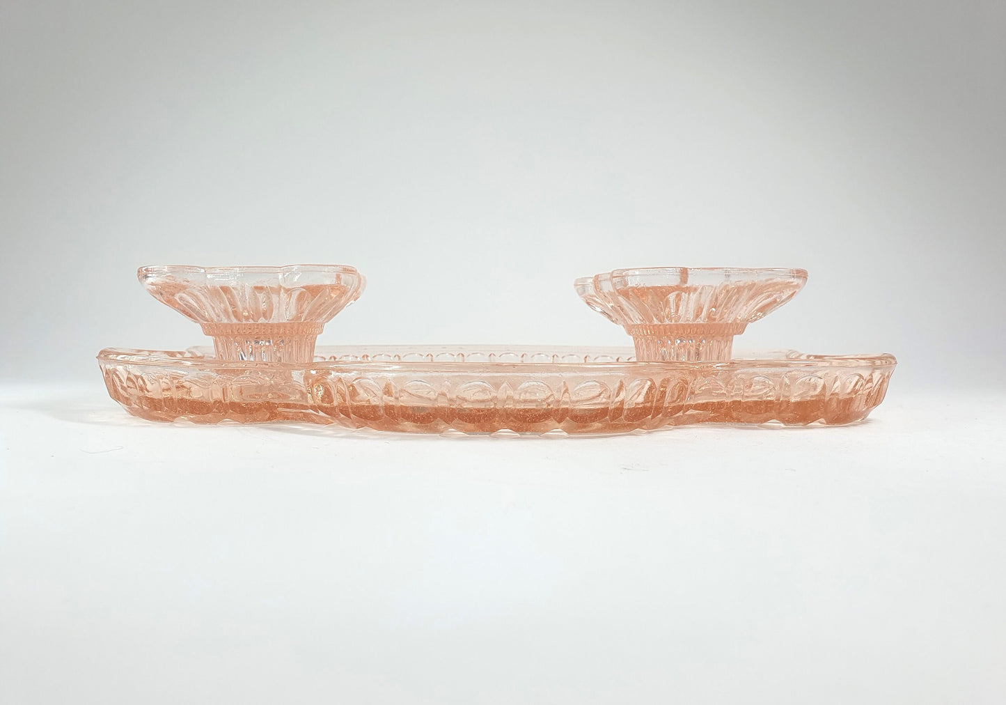 Art Deco Pink Depression Glass Dressing Table Set, Tray and Candle Stick Holders. Vanity Tray Set. Boudoir Set. c1930-40.  Mother's Day gift