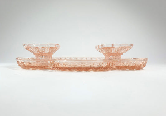 Art Deco Pink Depression Glass Dressing Table Set, Tray and Candle Stick Holders. Vanity Tray Set. Boudoir Set. c1930-40.  Mother's Day gift