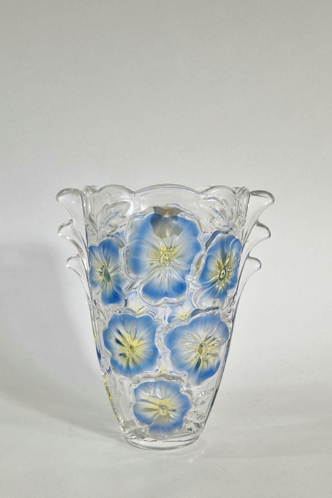 Vintage Walther Glas Blue and Yellow Daisy Vase. c1970s