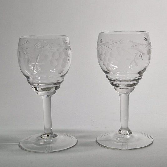 Pair of Vintage Grapes and Leaves etched Wine Glasses.  Late 20th Century.