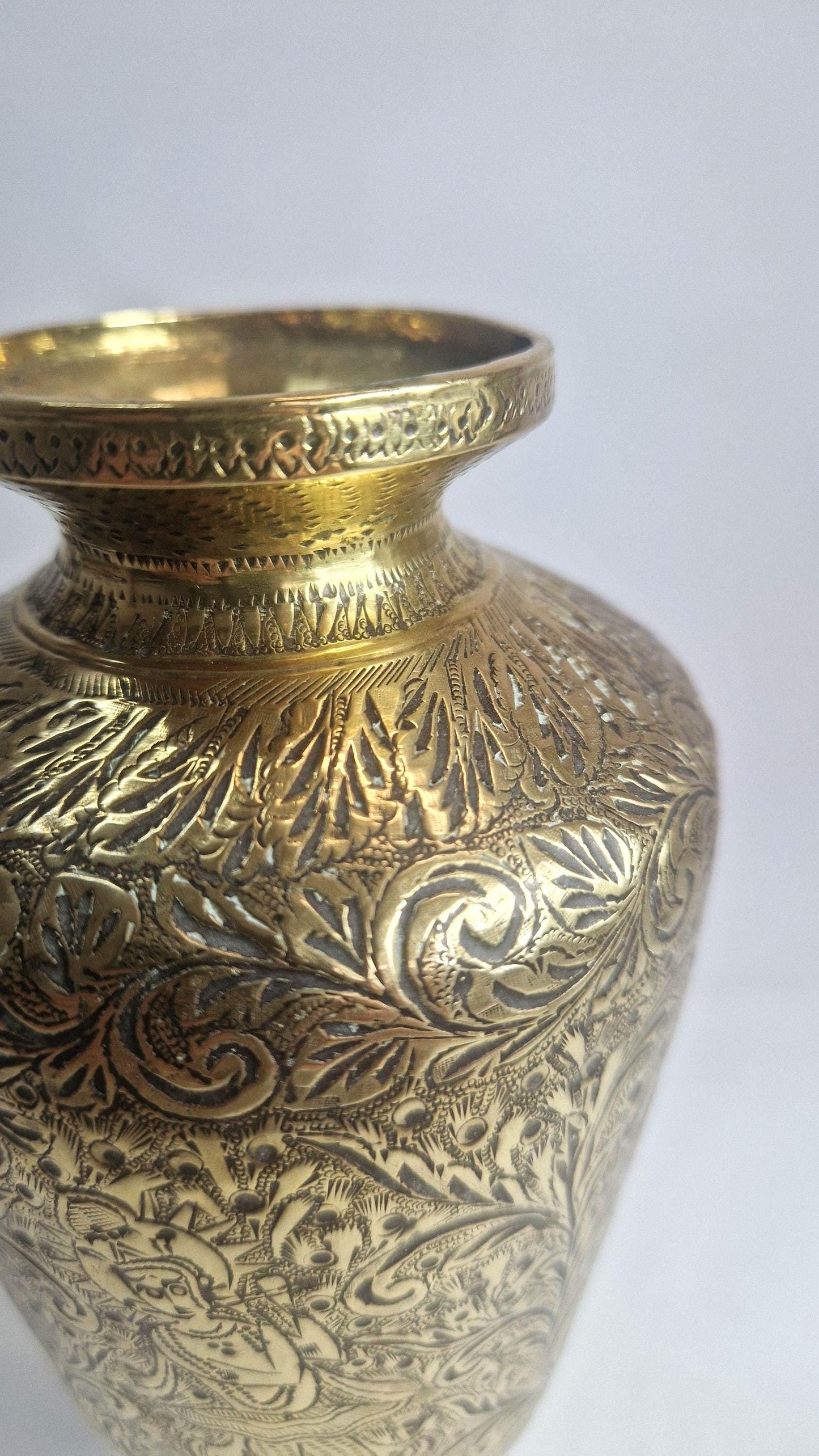 Antique Brass Urn, Heavily Engraved, Indian Deity Playing Pipe.