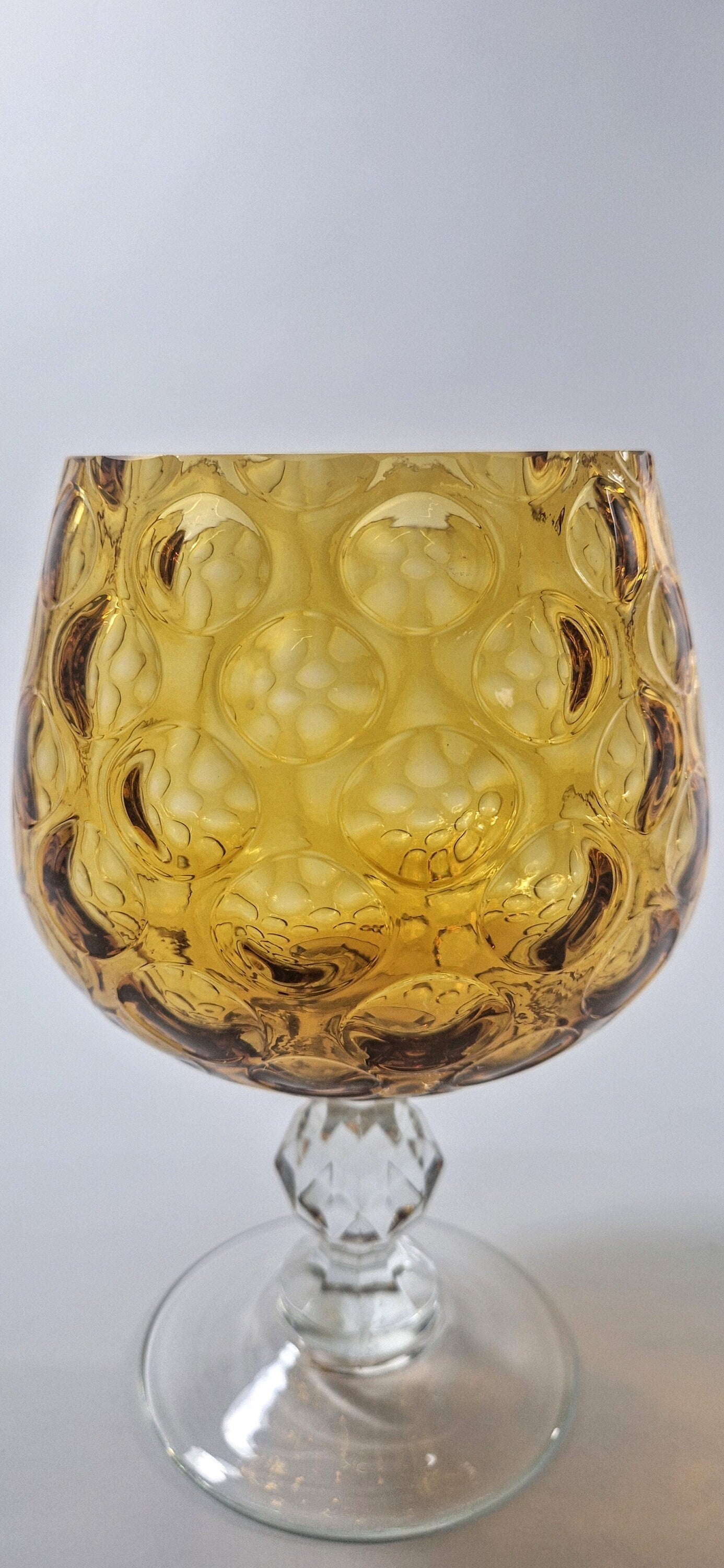 Vintage Amber Optic Glass Brandy Snifter: Cut Glass Stem, c1970s