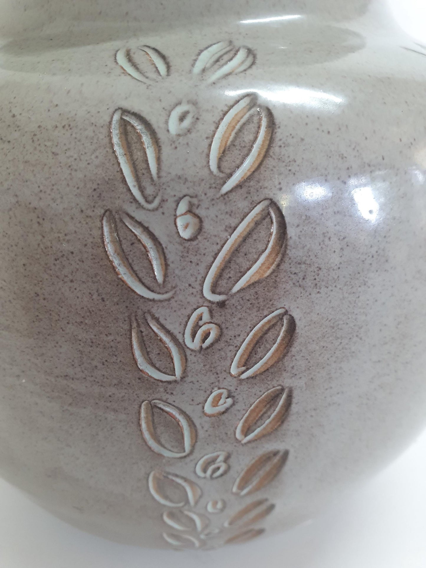 Vintage Round Vase with Leaves and Criss-cross Cut-outs, speckled beige glaze. c1970s