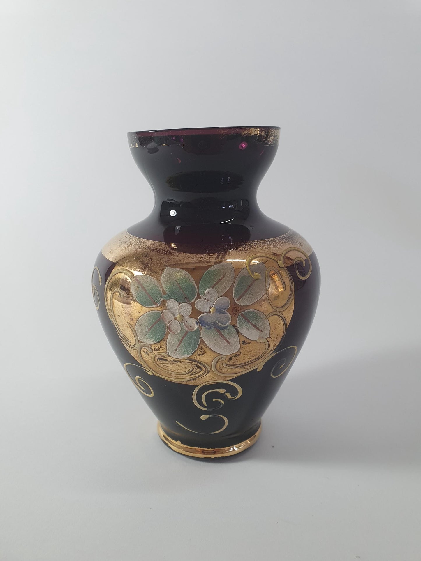 Vintage Bohemian Amethyst Glass Posy Vase with Gold Gilt and Enamelled Flowers. Mid Century