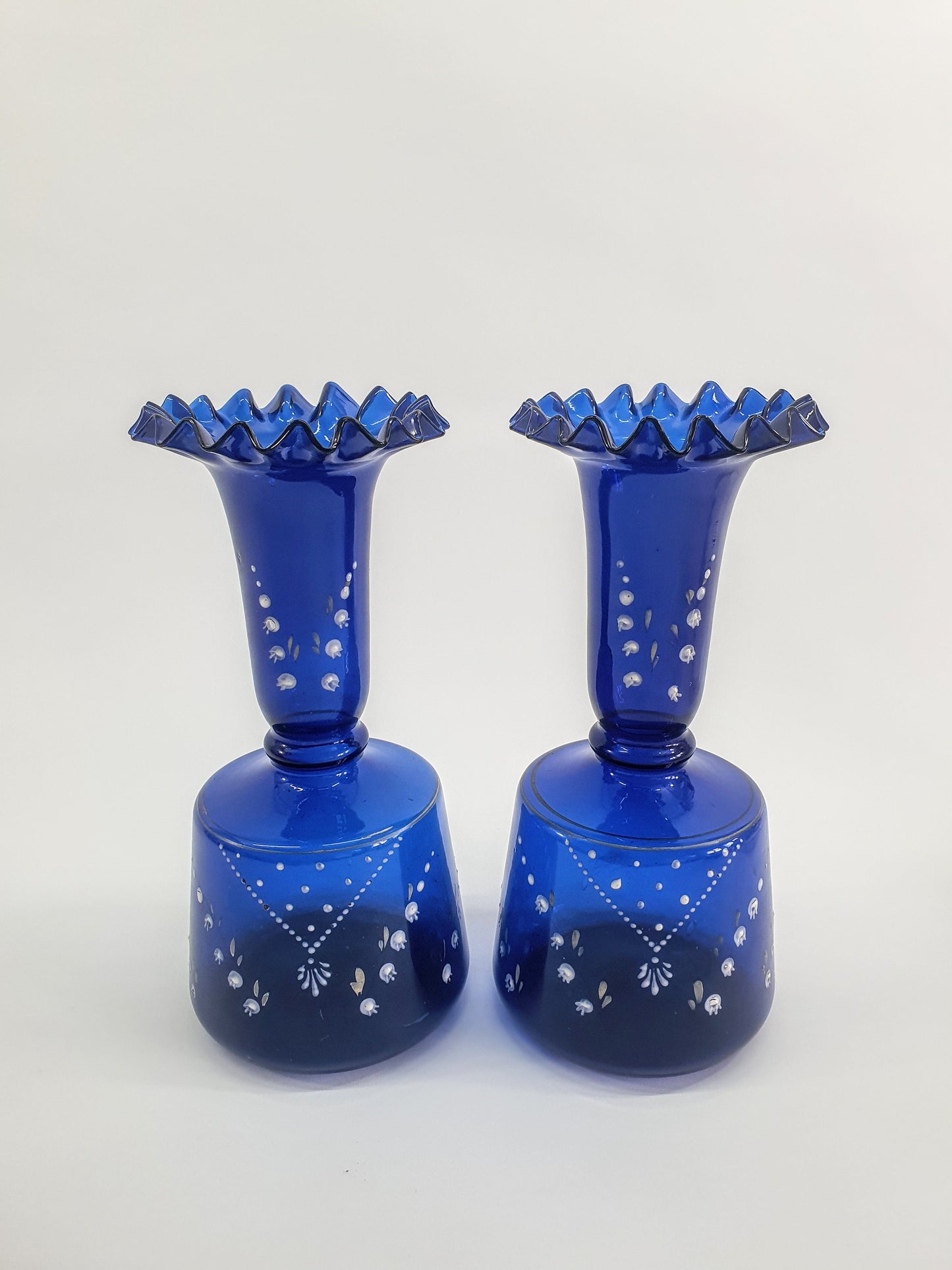Pair of  Art Nouveau Bristol Blue Vases with Lily of the Valley flowers. 1890-1910
