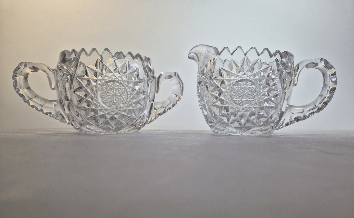 Vintage Hobstar Crystal Glass Sugar Bowl and Creamer. c1900-1920s