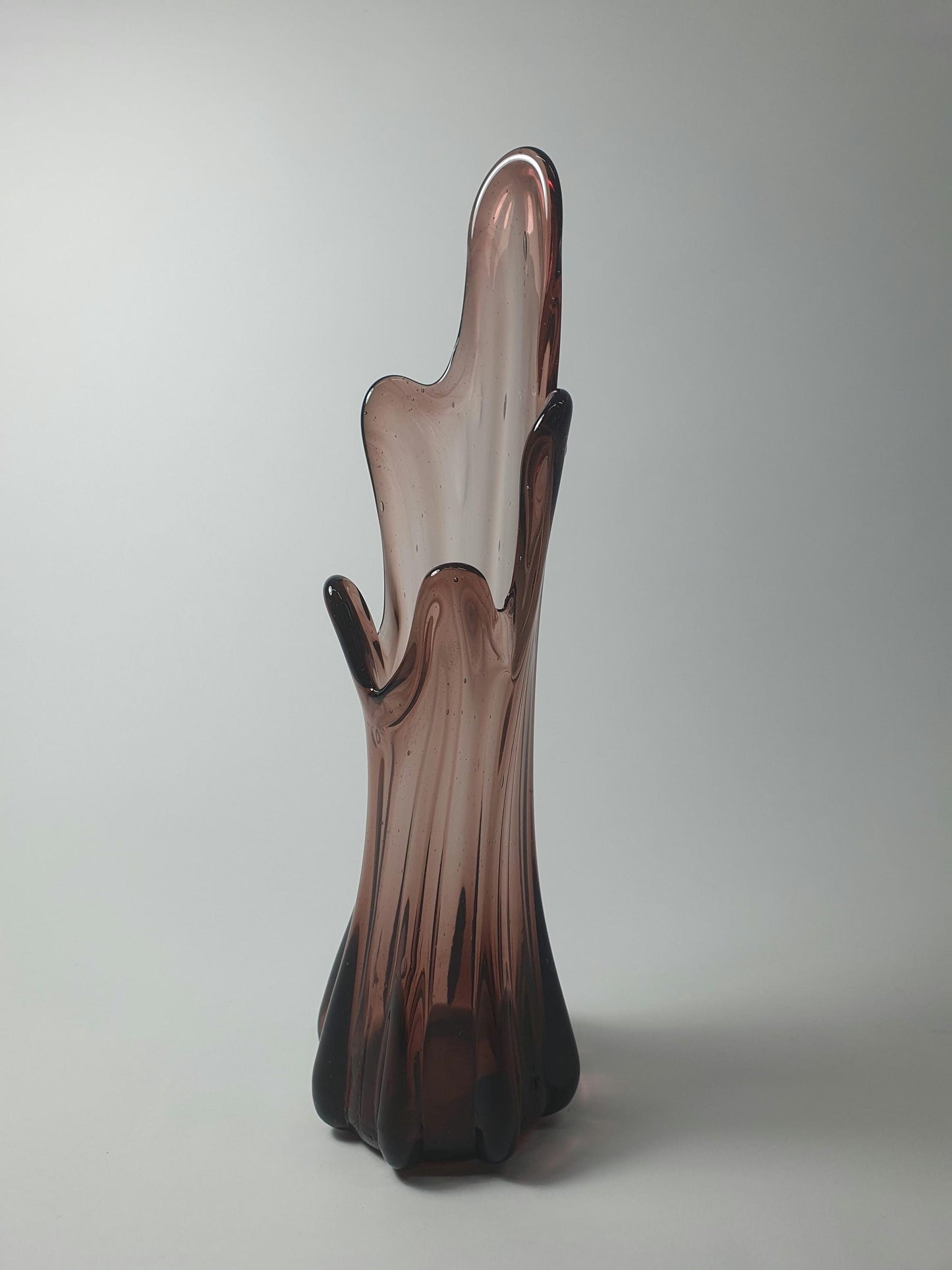 Mid Century Smoky Amber Glass Vase: 5 Finger Swung Posy, 1970s