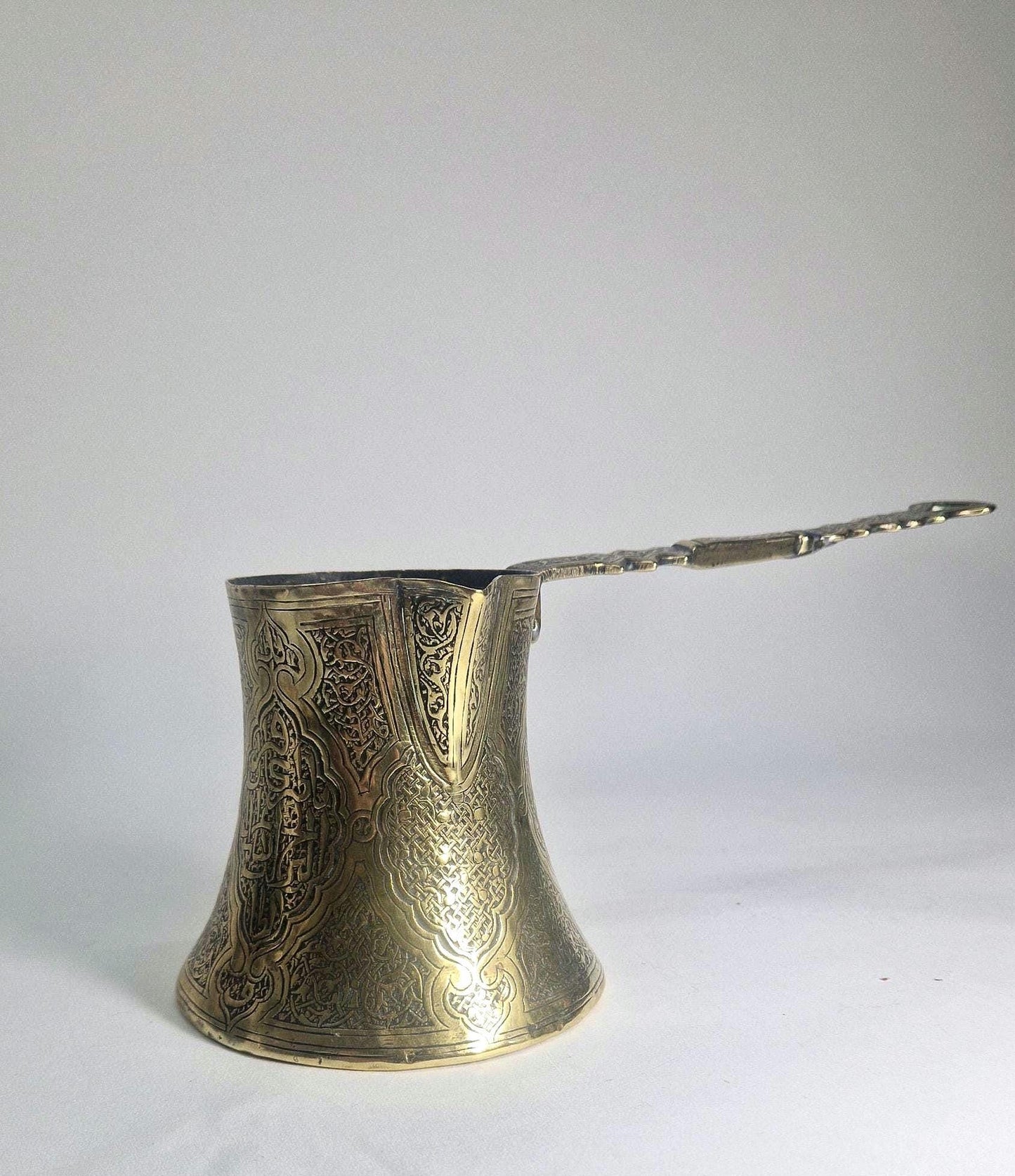 Vintage Turkish Brass Coffee Pot, Highly Ornate with Long Handle. Brass (21) anniversary wedding gift.