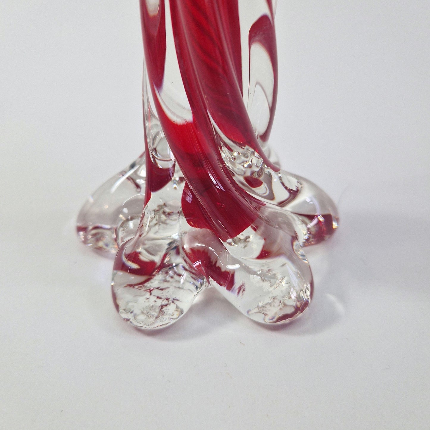 Vintage Solifleur Glass Vase. Twisted Stretch Cased Glass with Elephant Foot. Mid Century Modern.