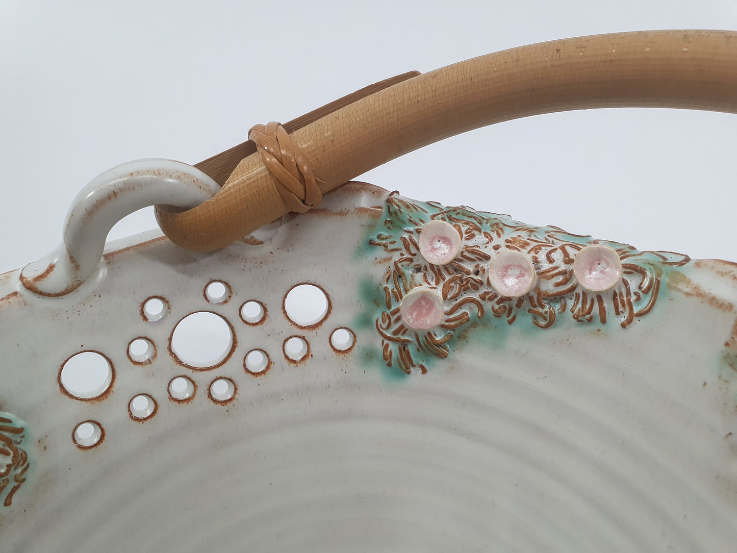 Vintage Kegworth Pottery Basket: Linda Smith Floral Bowl with Cane Handle