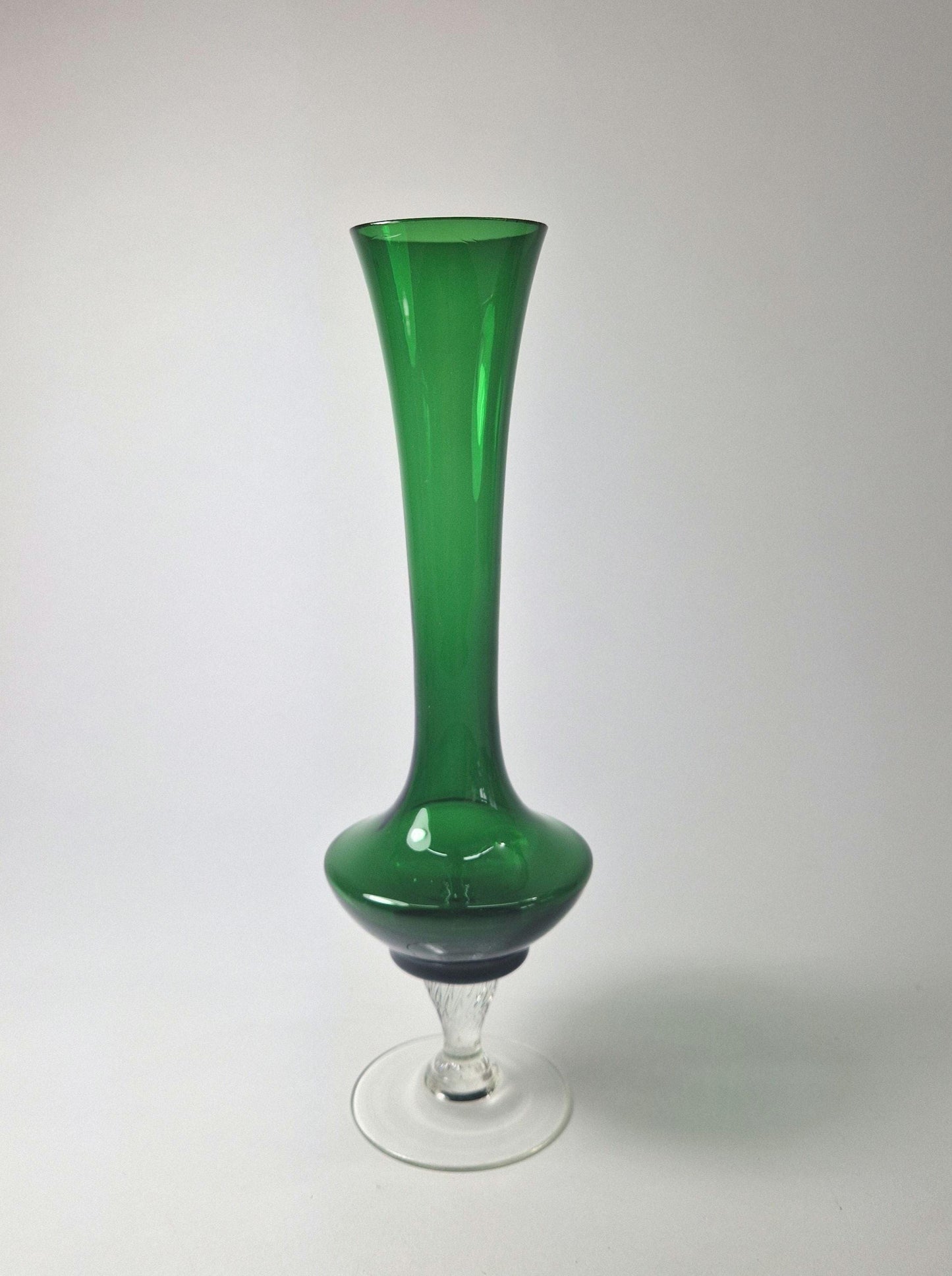 1960s Green Glass Fluted Vase with Clear Spiral Stem and Base. Mid Century Modern.